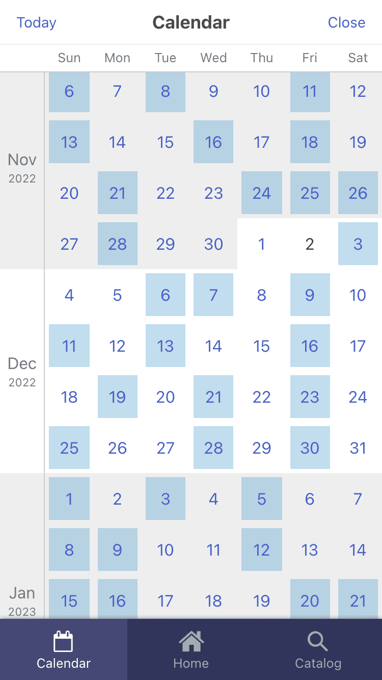 screenshot of social jazz mobile app with calendar displayed