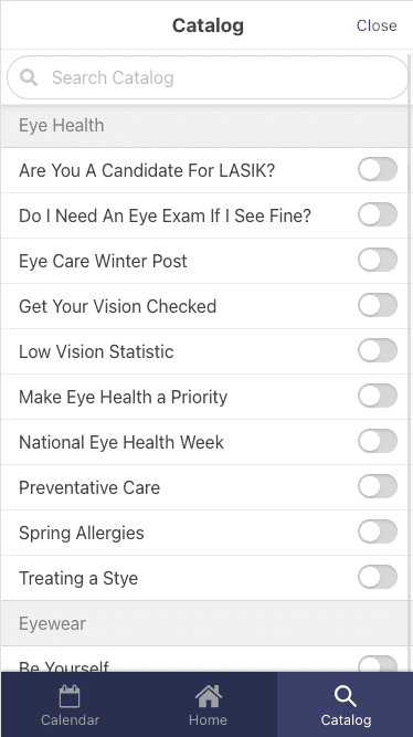 screenshot of social jazz mobile app with eyecare catalog displayed