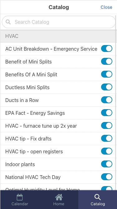 screenshot of social jazz mobile app with hvac catalog displayed