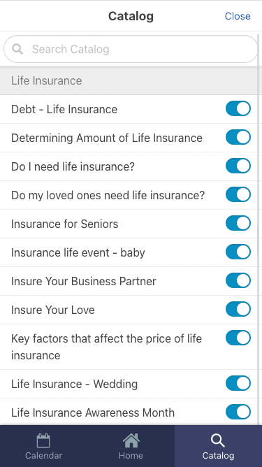 screenshot of social jazz mobile app with insurance catalog displayed